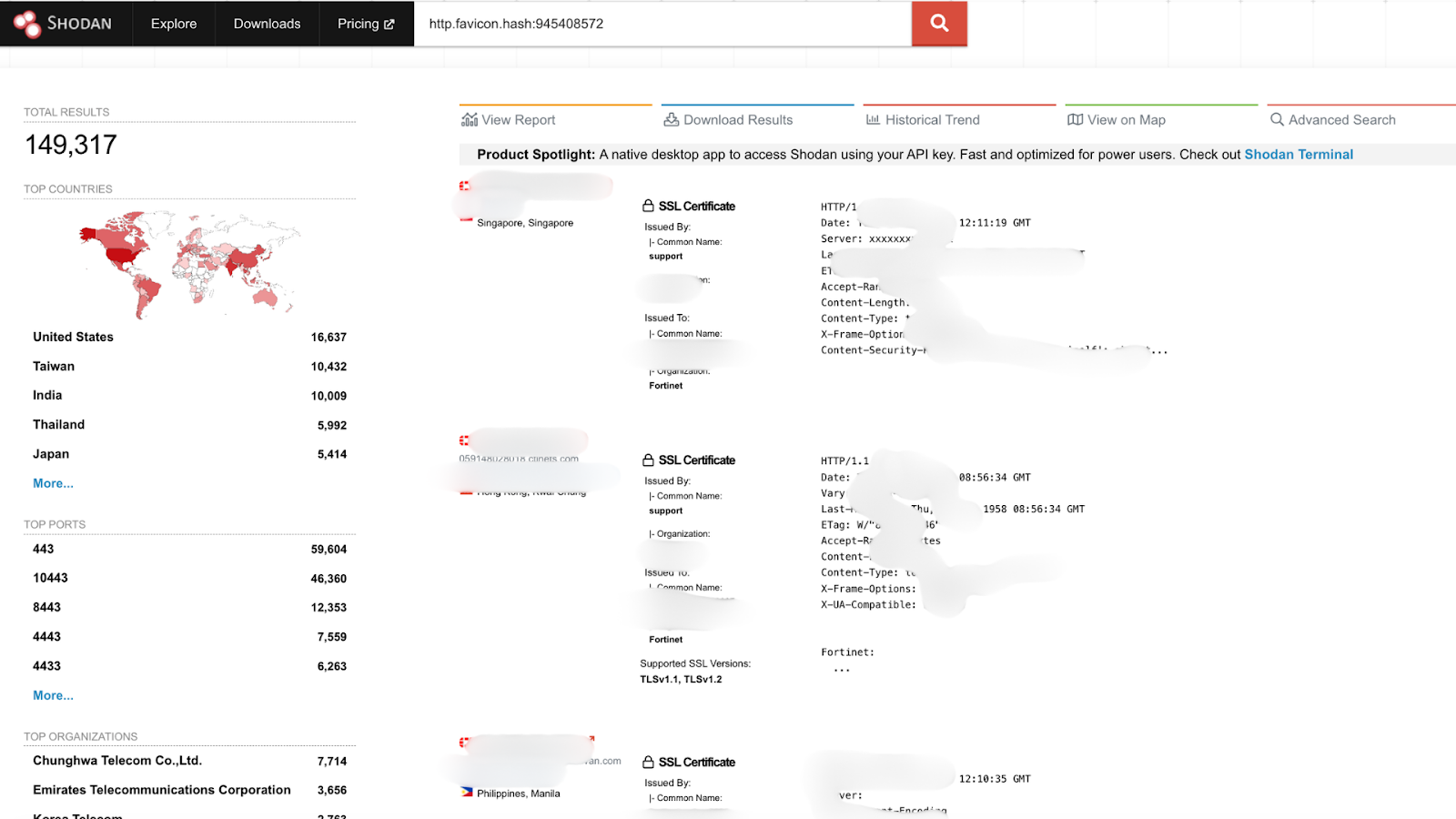 Internet-facing Fortinet devices identified via Shodan using favicon-based fingerprinting, demonstrating how publicly exposed security infrastructure can be discovered and grouped at scale.