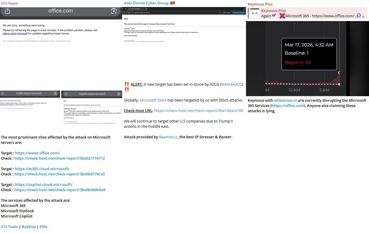 313 Team, Anti-Zionist Cyber Group, and Keymous Plus posts showing Microsoft downtime and Check-Host verification links