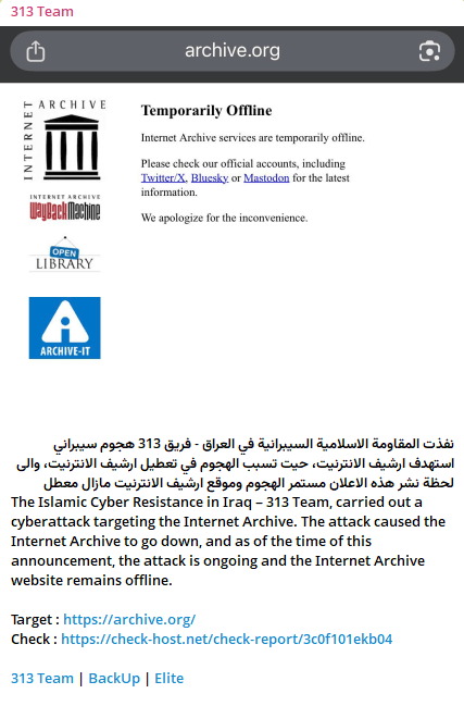 313 Team post showing archive.org displaying "Temporarily Offline" message with Check-Host verification link