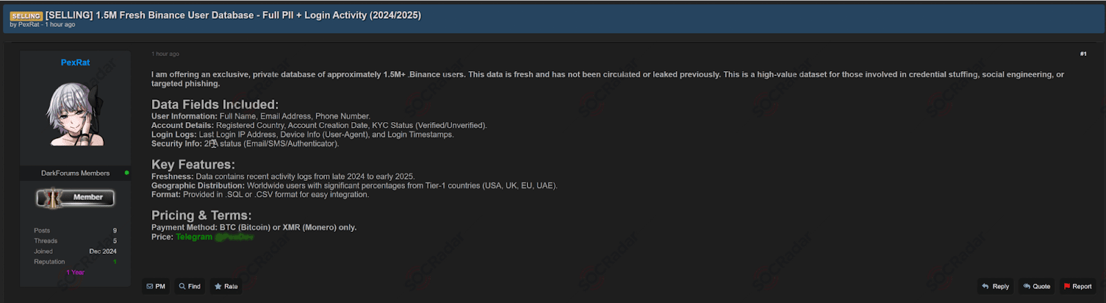 Alleged Binance User Database is on Sale