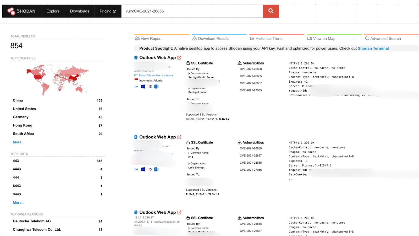 Vulnerable internet-facing systems identified through Shodan using CVE-based queries, highlighting how attackers can directly search for exposed and potentially exploitable services.