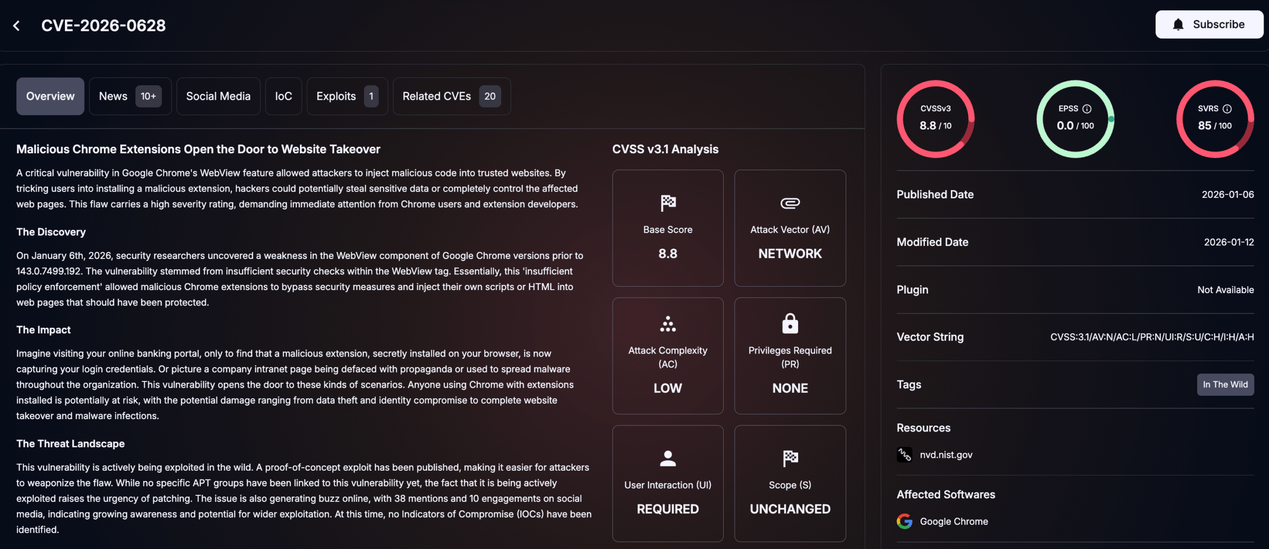 Details of CVE-2026-0628 (SOCRadar Vulnerability Intelligence)