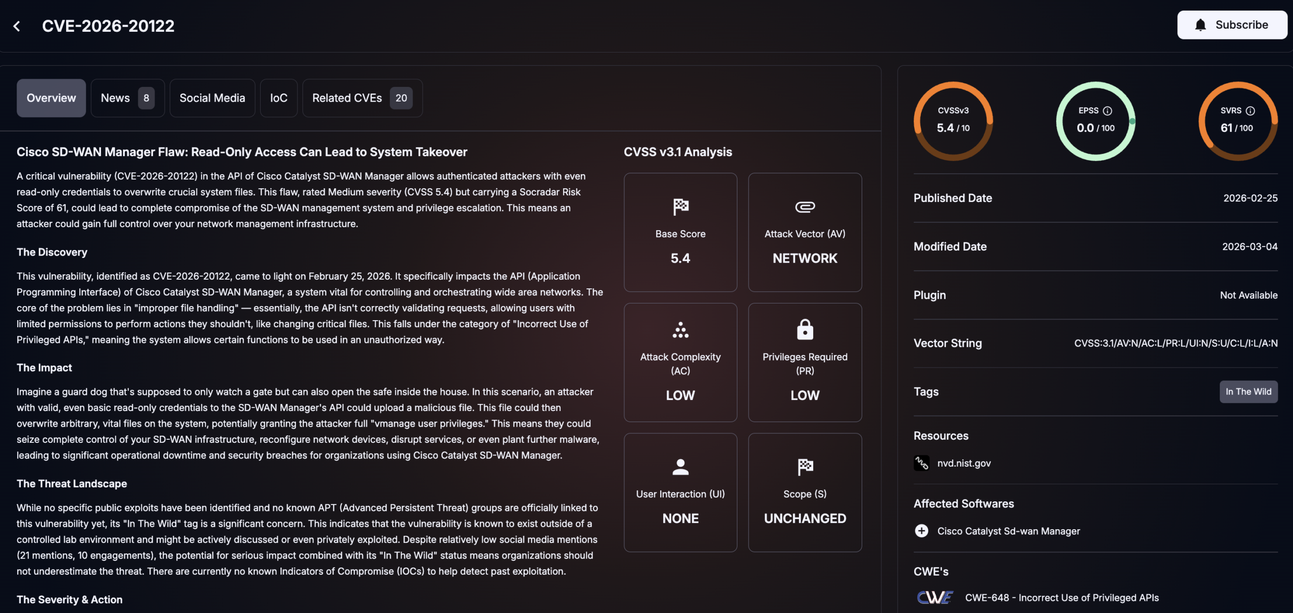 Details of CVE-2026-20122 (SOCRadar Vulnerability Intelligence)