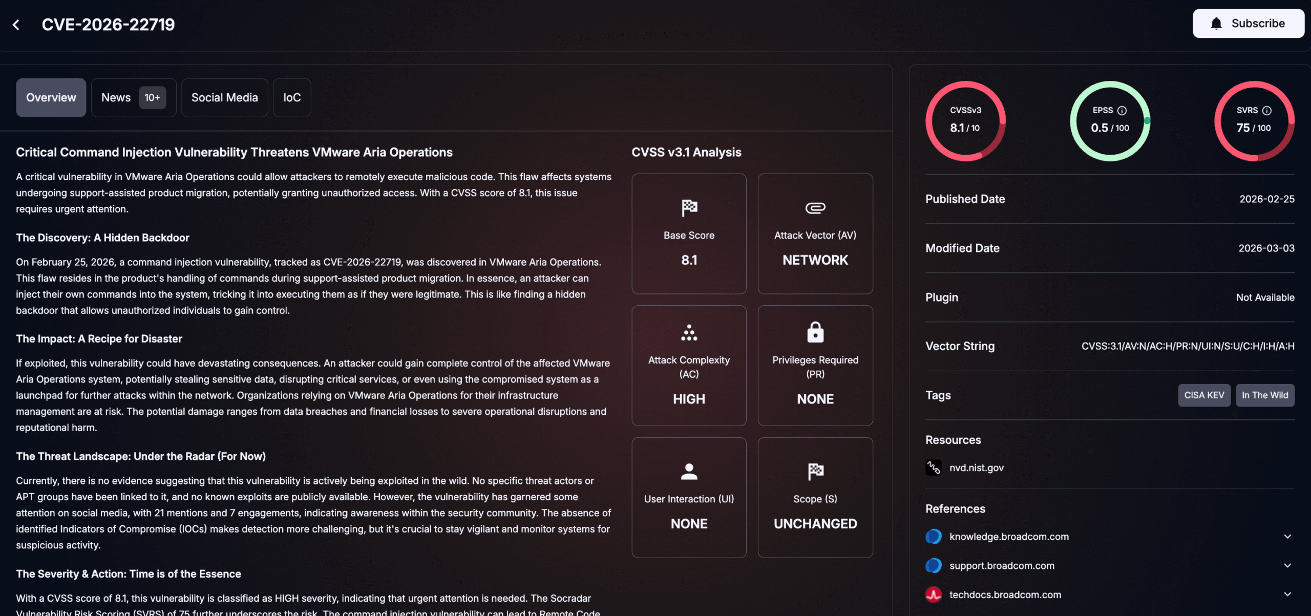 Details of CVE-2026-22719 (SOCRadar’s Vulnerability Intelligence)