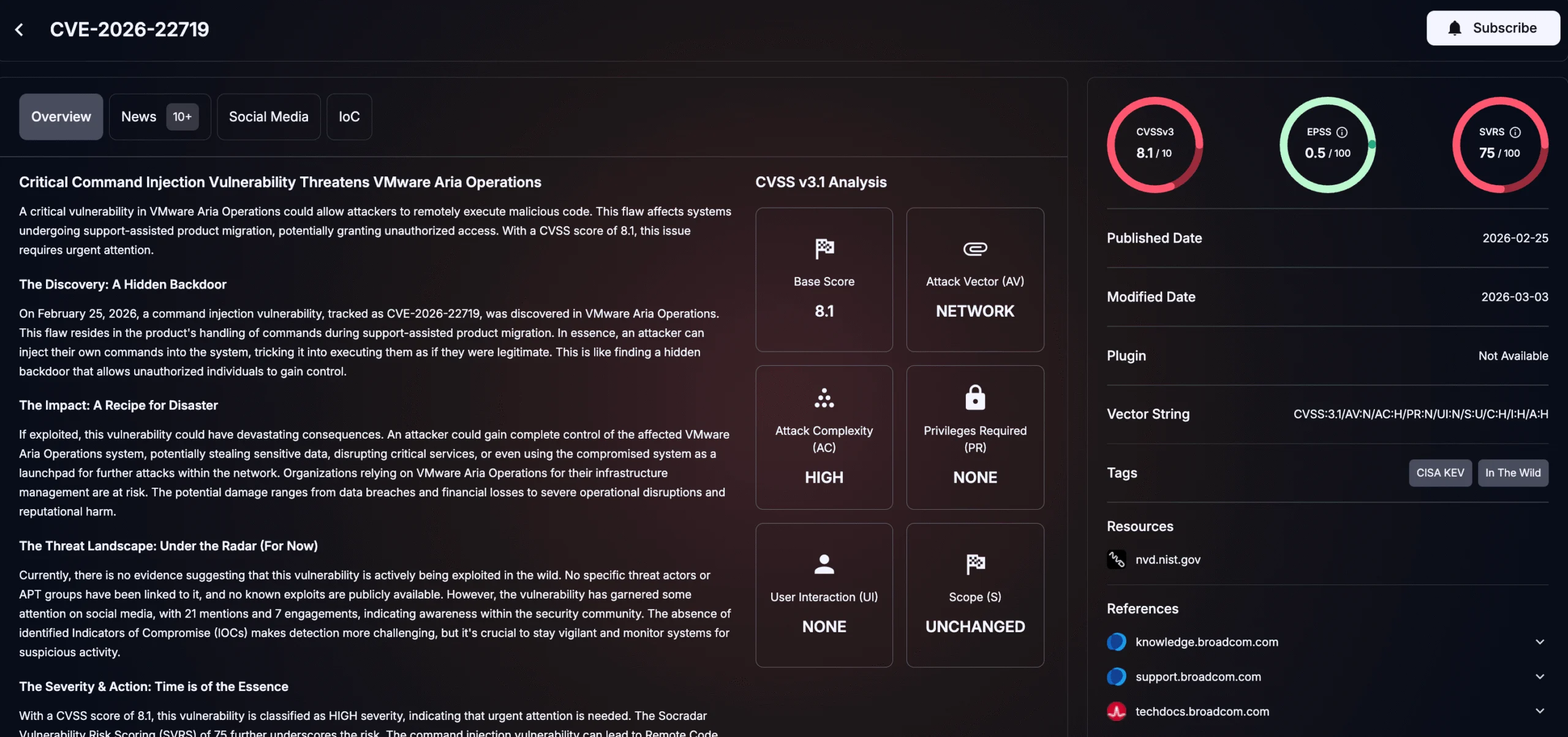 Details of CVE-2026-22719 (SOCRadar’s Vulnerability Intelligence)