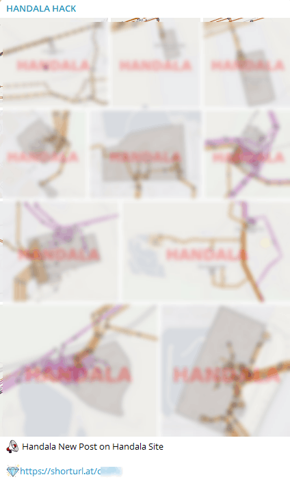 Handala post showing nine schematic maps of Israeli power and electrical infrastructure, each panel watermarked with the Handala logo