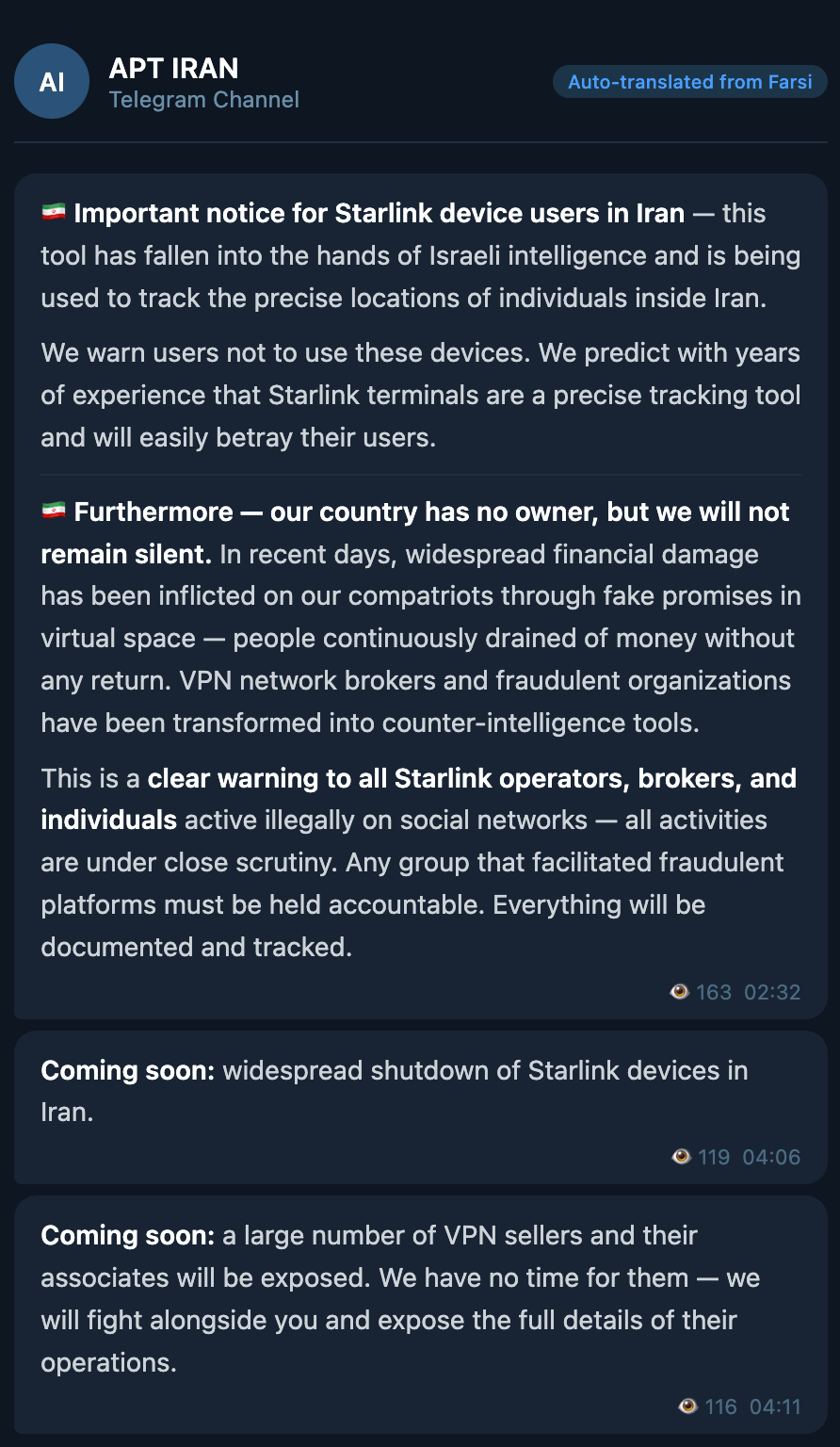 APT IRAN Telegram post -auto translated- warning Starlink users in Iran of Israeli intelligence tracking