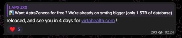 Recent LAPSUS$ message claiming the AstraZeneca data has been released for free and previewing a new alleged healthcare-sector victim, Virta Health
