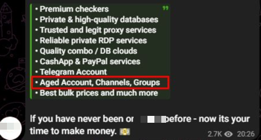 Telegram post offering aged accounts and tools used for fraud and evasion.