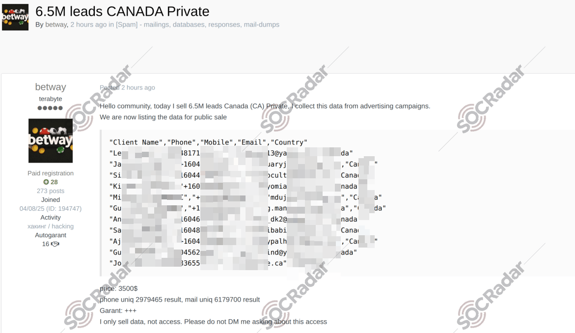 The Alleged Leads Data of Canadian Citizens are on Sale