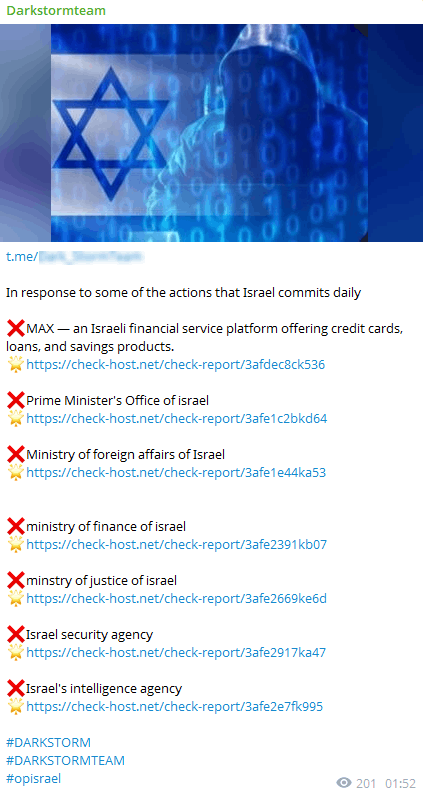 DarkStorm Team claims DDoS across seven Israeli targets, including the PM's Office and intelligence agency