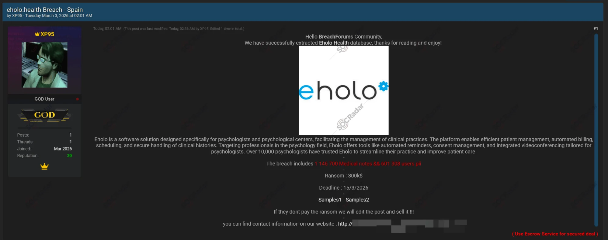 The Alleged Eholo Hack Announcement and Data Sharing Post Detected