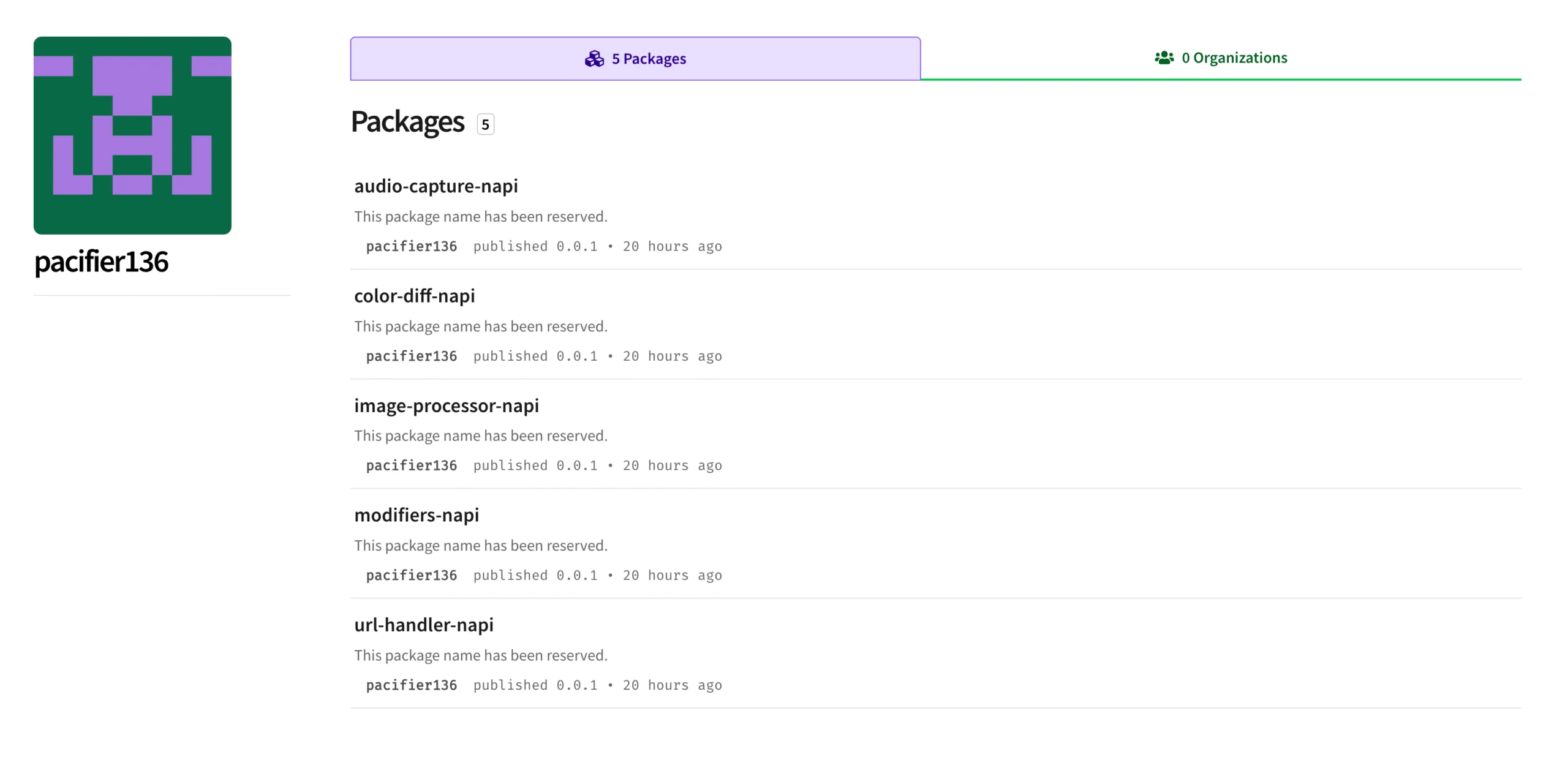 The npm user pacifier136 published the package names audio-capture-napi, color-diff-napi, image-processor-napi, modifiers-napi, and url-handler-napi, all of which appear intended to typosquat internal Claude Code dependencies and support possible dependency confusion attacks.