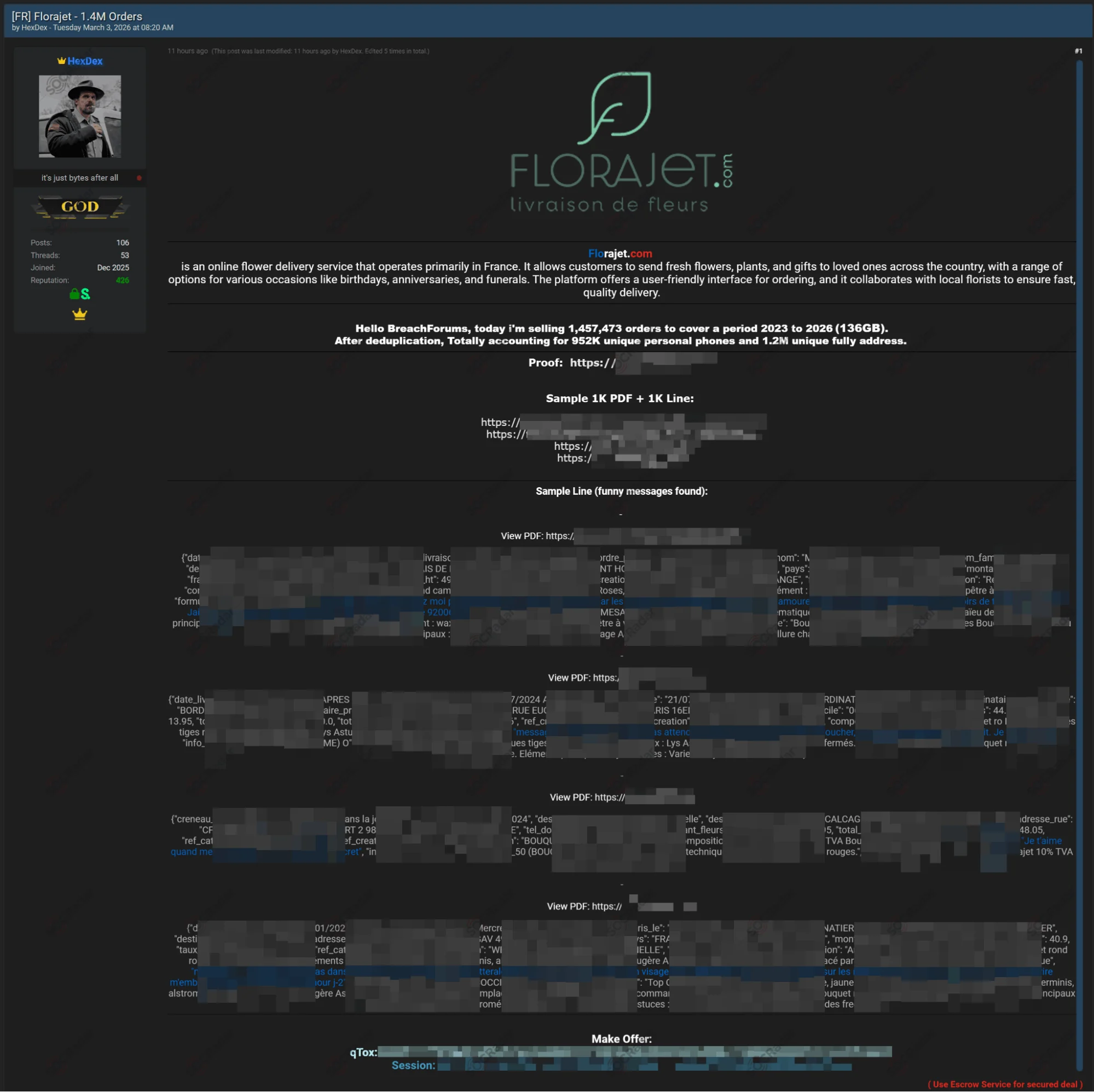 The Alleged Database of Florajet is on Sale