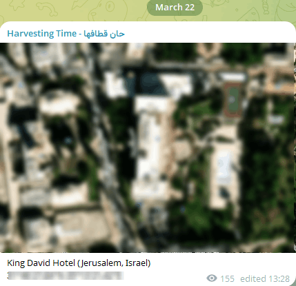 Harvesting Time channel post showing satellite imagery of the King David Hotel in Jerusalem with location label