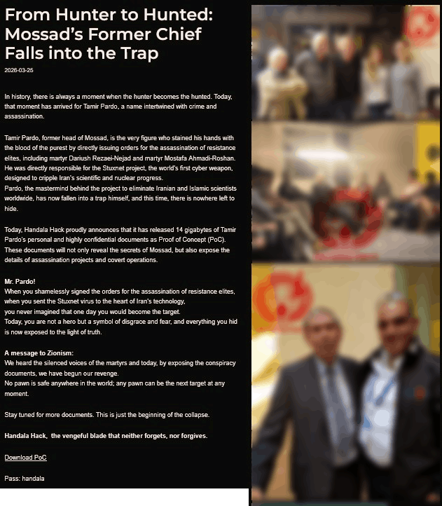 Handala website post titled "From Hunter to Hunted" showing photographs of Tamir Pardo at public events alongside Handala branding and a download link for the alleged 14GB document release