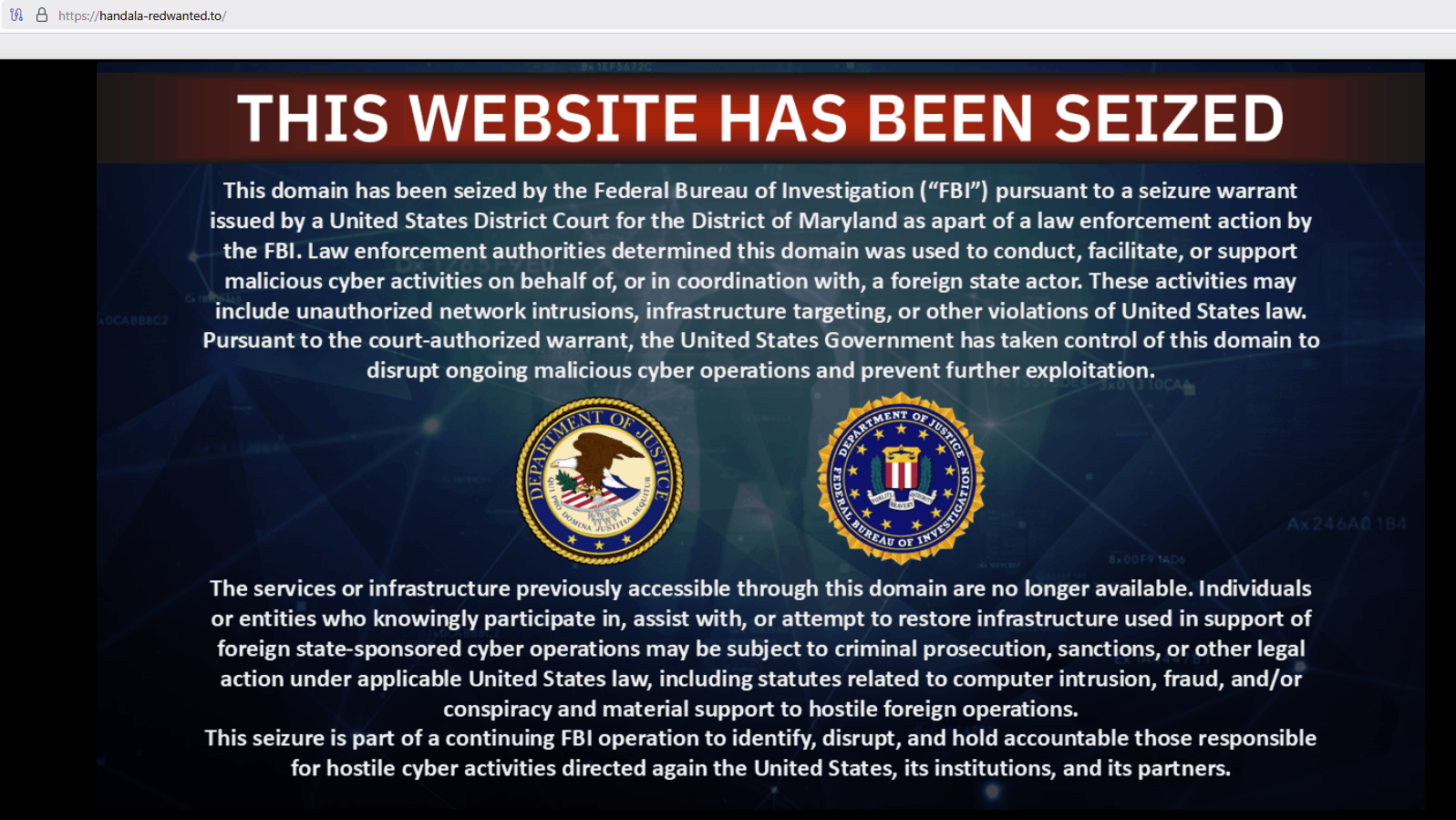 FBI seizure notice on handala-redwanted.to showing DOJ and FBI seals and the text "This Website Has Been Seized