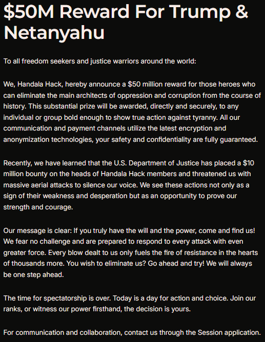 Handala’s reward post for Trump & Netenyahu on their website