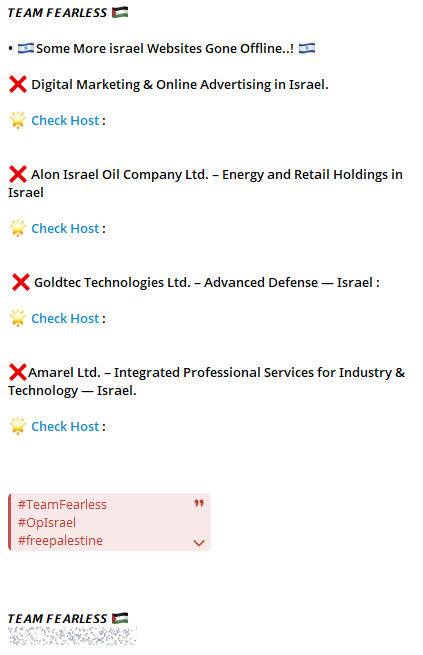 Team Fearless claims DDoS disruption against Israeli energy, defense, and commercial targets under #OpIsrael
