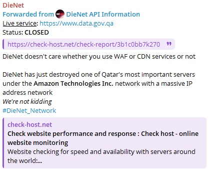 DieNet’s API bot posts real-time disruption of Qatar’s open data portal via Amazon’s IP network, a routing choice that signals capability beyond basic stresser tooling