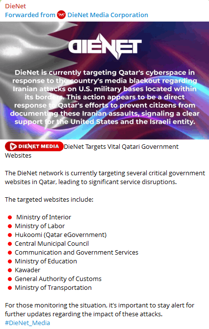 DieNet Media’s full Qatar target list spans nine government domains across customs, transport, labor, and eGovernment infrastructure, framed explicitly as retaliation for media censorship