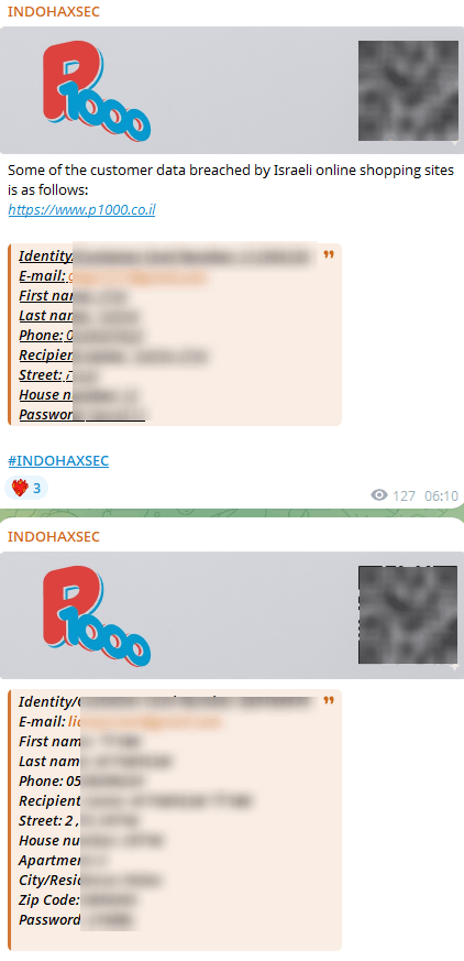 INDOHAXSEC claims breach of Israeli e-commerce platform P1000 by publishing 2 customer records including identity documents, contact details, and credentials