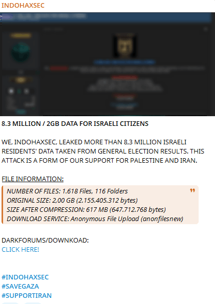 INDOHAXSEC post showing alleged 8.3 million Israeli citizen data leak from general election results