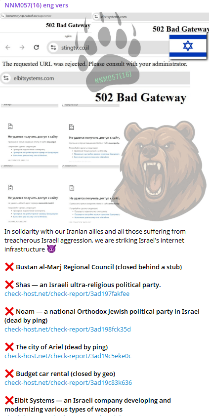 Telegram post of NoName057(16) targeting Israel