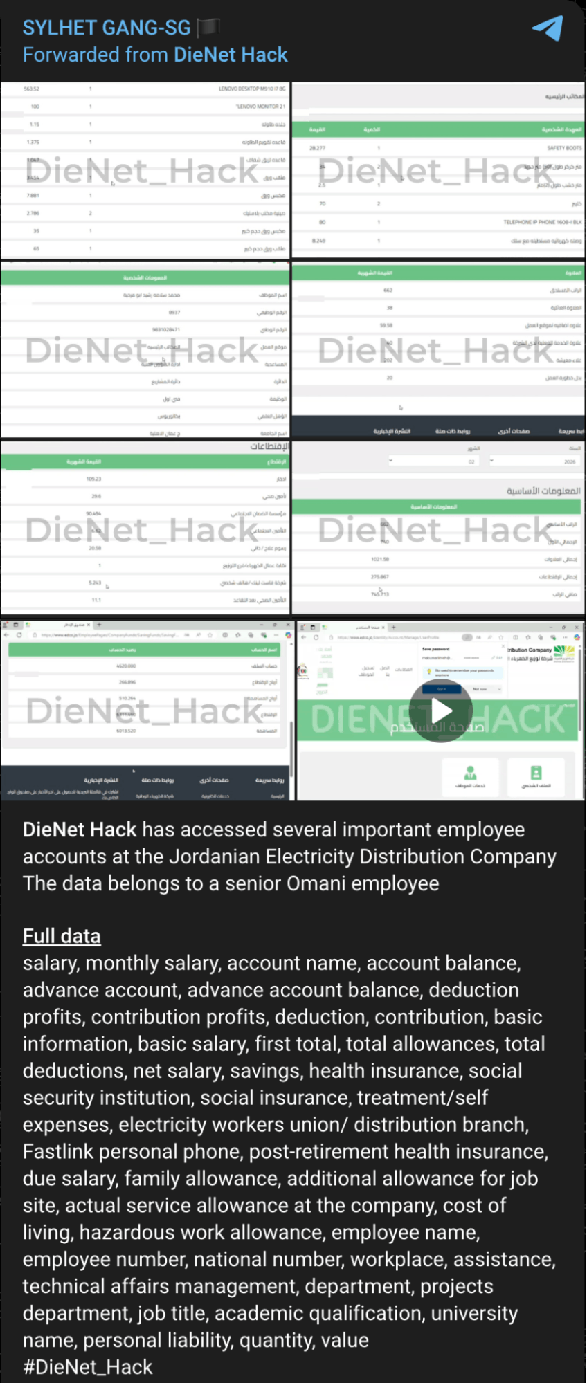 DieNet’s Telegram post, claiming employee account access and PII data