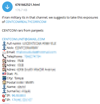 A doxxing post by Nation of Saviors in their Telegram channel