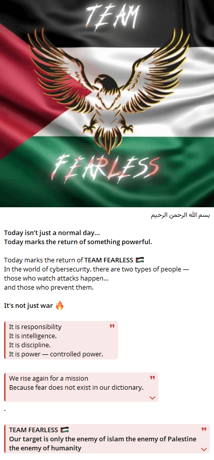 Pro-Palestine group Team Fearless’ Telegram post