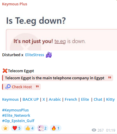 Keymous Plus post showing te.eg downtime confirmation