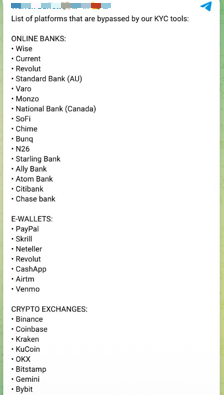 Telegram-based advertisement for a KYC bypass tool, highlighting targeted financial institutions and platforms.