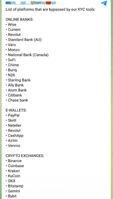 Telegram-based advertisement for a KYC bypass tool, highlighting targeted financial institutions and platforms.