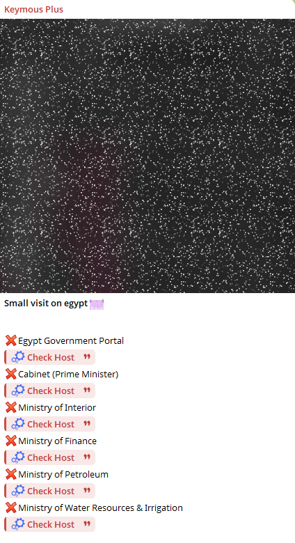 Keymous Plus post showing six Egyptian government targets verified down under #Op_Epstein_Gulf