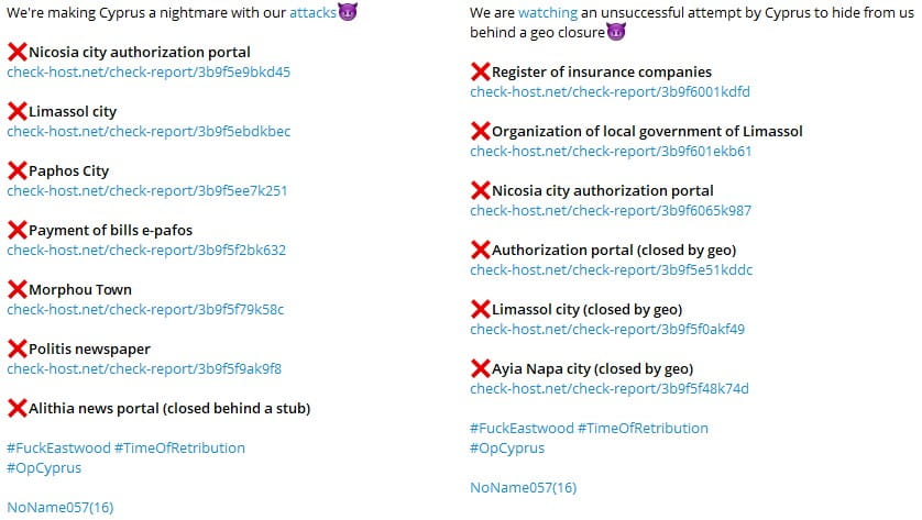NoName057(16) continues #OpCyprus with Check-Host verified DDoS claims across Cypriot municipal, media, and infrastructure targets, noting Cyprus attempted geo-based access restrictions in response