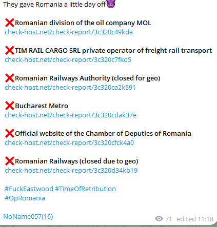 NoName057(16) first Romania wave showing Check-Host verified downtime for MOL Romania, TIM Rail Cargo, Romanian Railways Authority, Bucharest Metro, Chamber of Deputies