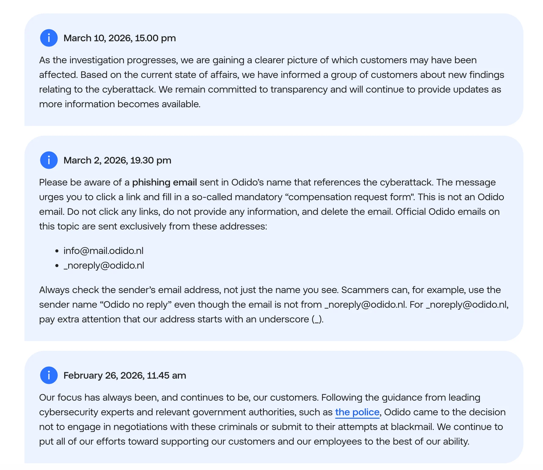 Security updates on Odido website