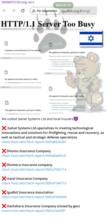 NoName057(16) post showing downtime for six Israeli insurance and defense-technology targets