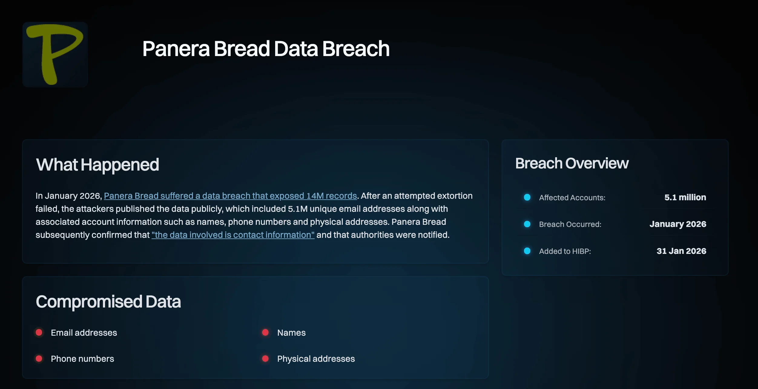 Overview of the Panera Breach data breach (Have I Been Pwned)