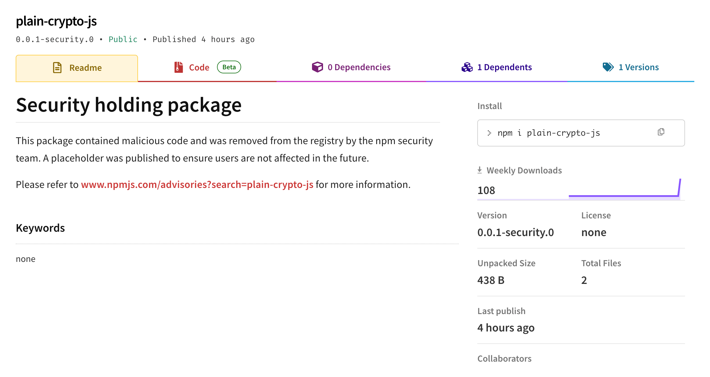plain-crypto-js after takedown, showing npm’s security holding package on the registry.