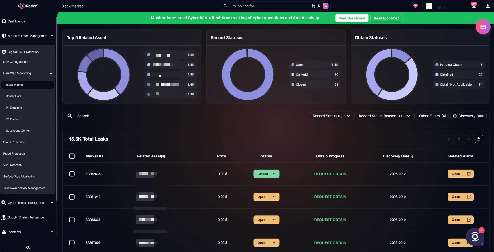 SOCRadar Dark Web Monitoring helps analysts track leaked data, black market listings, and ransomware-related underground activity in one view.