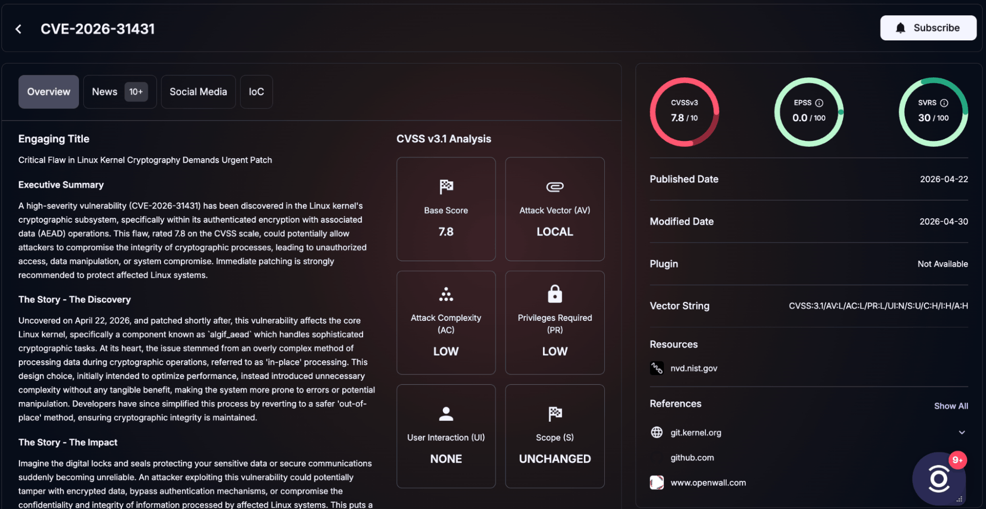 Details of CVE-2026-31431 (SOCRadar Vulnerability Intelligence)