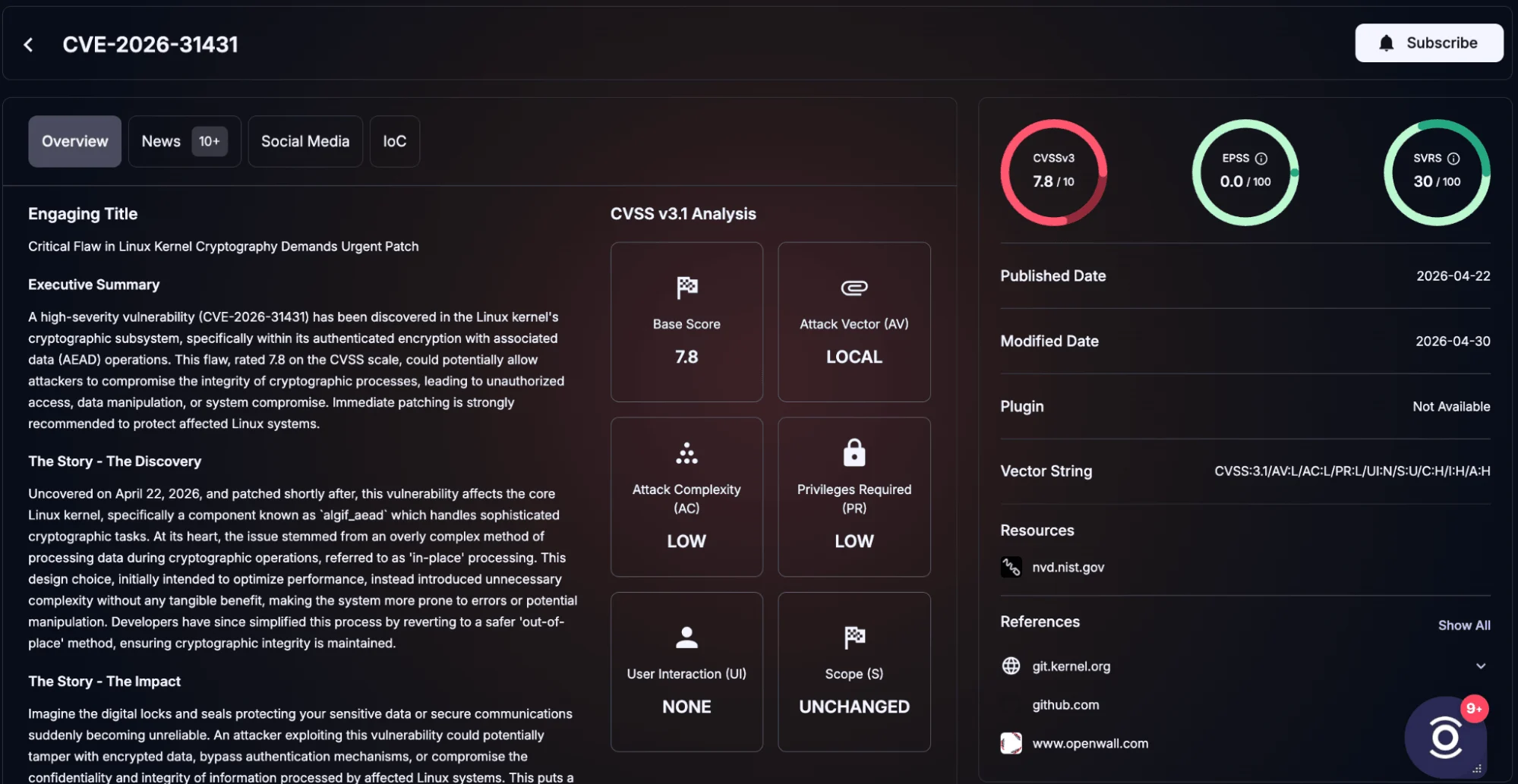 Details of CVE-2026-31431 (SOCRadar Vulnerability Intelligence)