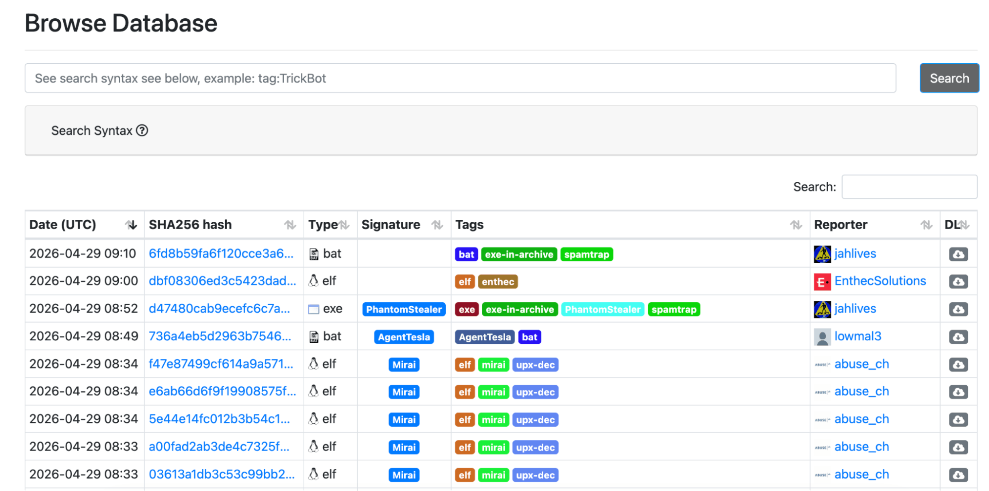 MalwareBazaar sample database
