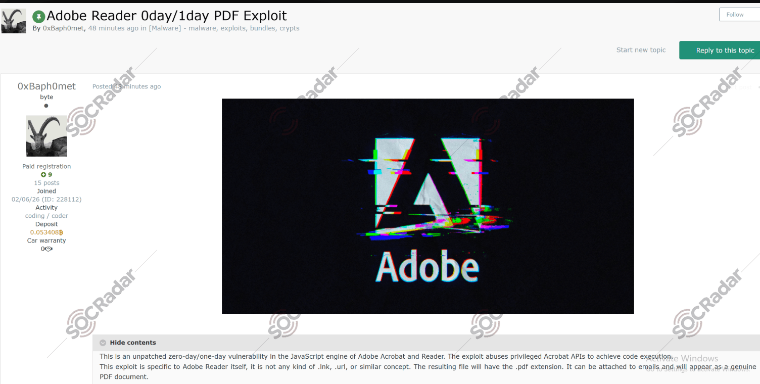 The Alleged 0-Day Exploit Sale is Detected for Adobe Acrobat Reader