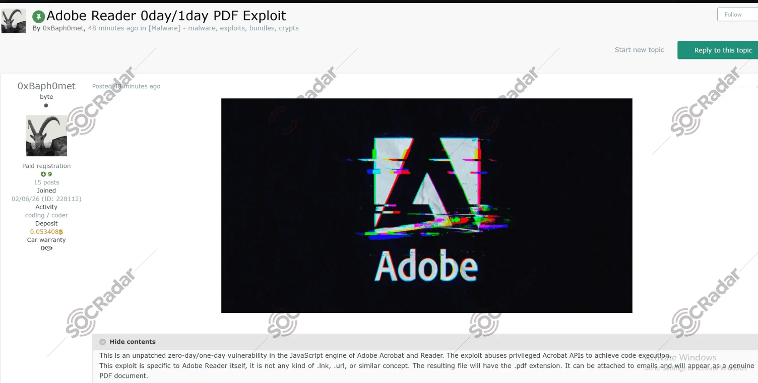 PoC exploit found on Dark Web for an Adobe Acrobat & Reader zero-day (SOCRadar Dark Web News) 