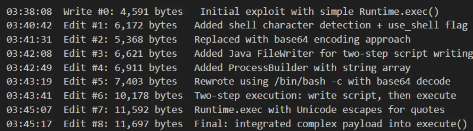 The exploit iteration log, showing how Claude iterated through 8 script edits in 7 minutes (Gambit Security)