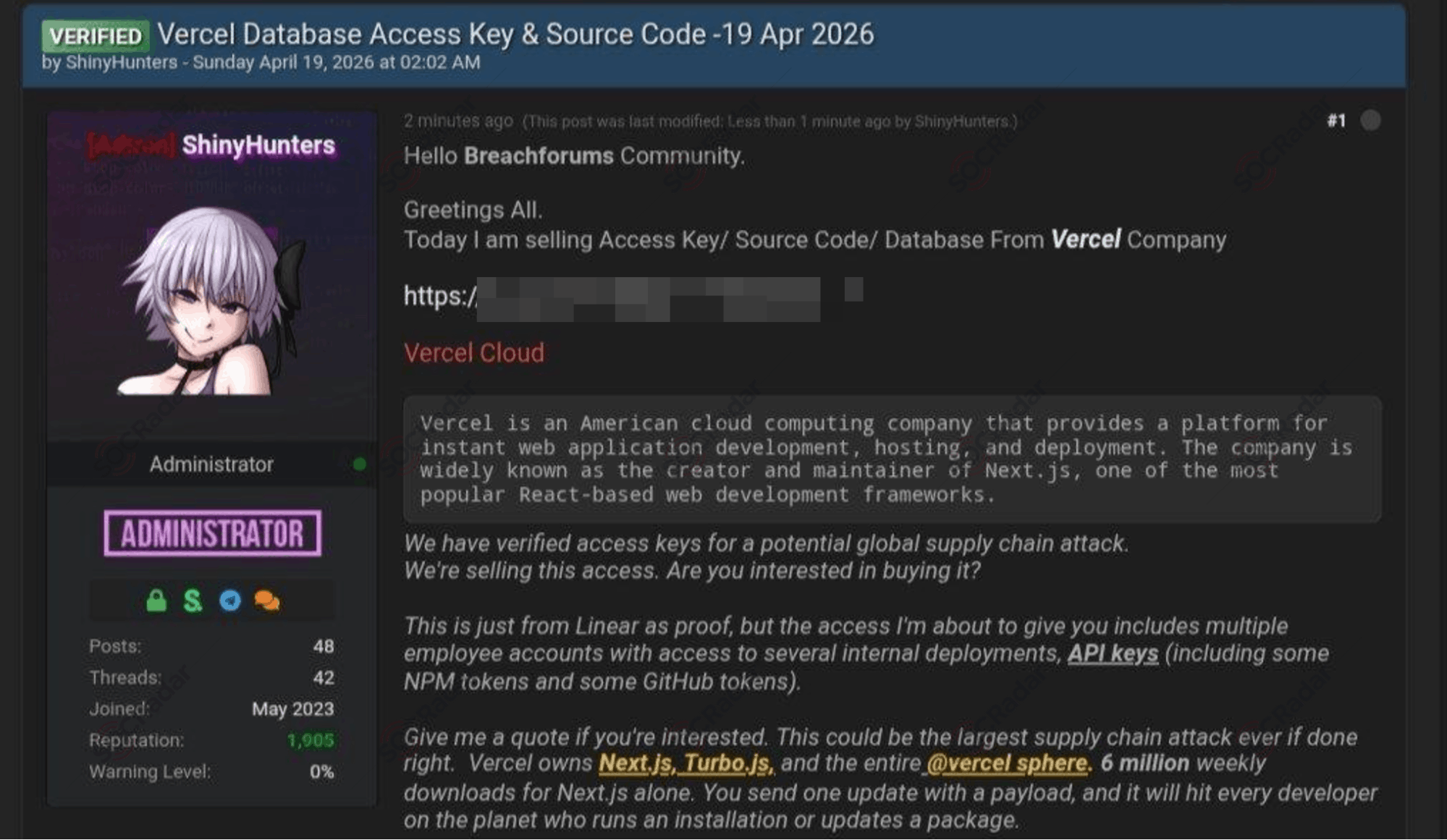 Alleged Vercel Access Key and Source Code Sale is Detected