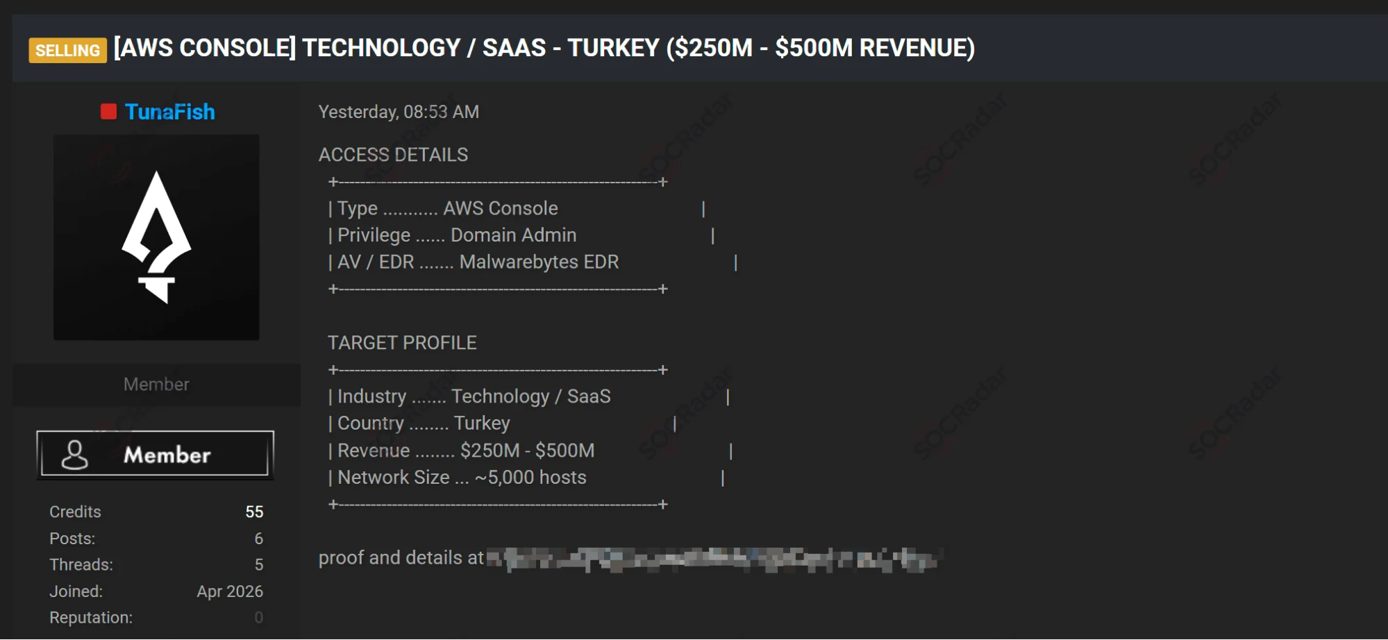 AWS Console Access Sale is Detected for a Technology and SaaS Target in Turkiye